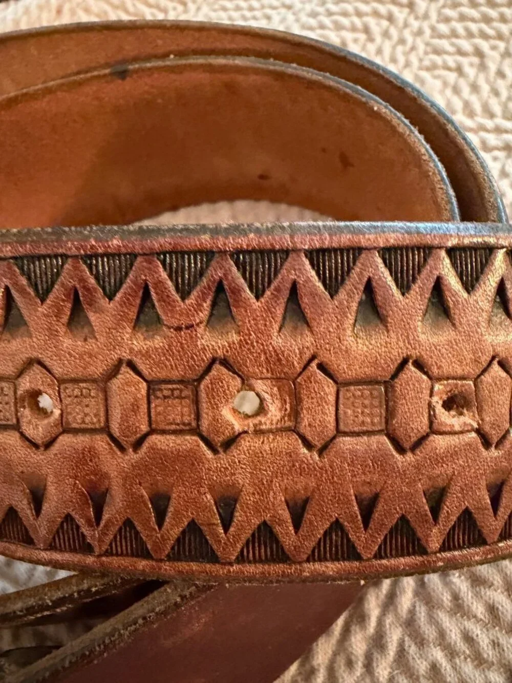 Porsche Mens Belt Brass Buckle Leather Strap Brown Tooled 34-40 inches Vintage